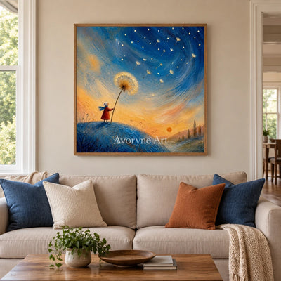 Blue Drift dreamlike scene wall art with a wood frame in a villa living space