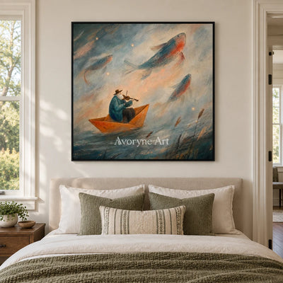 Blue Verse dreamlike scene wall art with a black frame above a bed in a bedroom