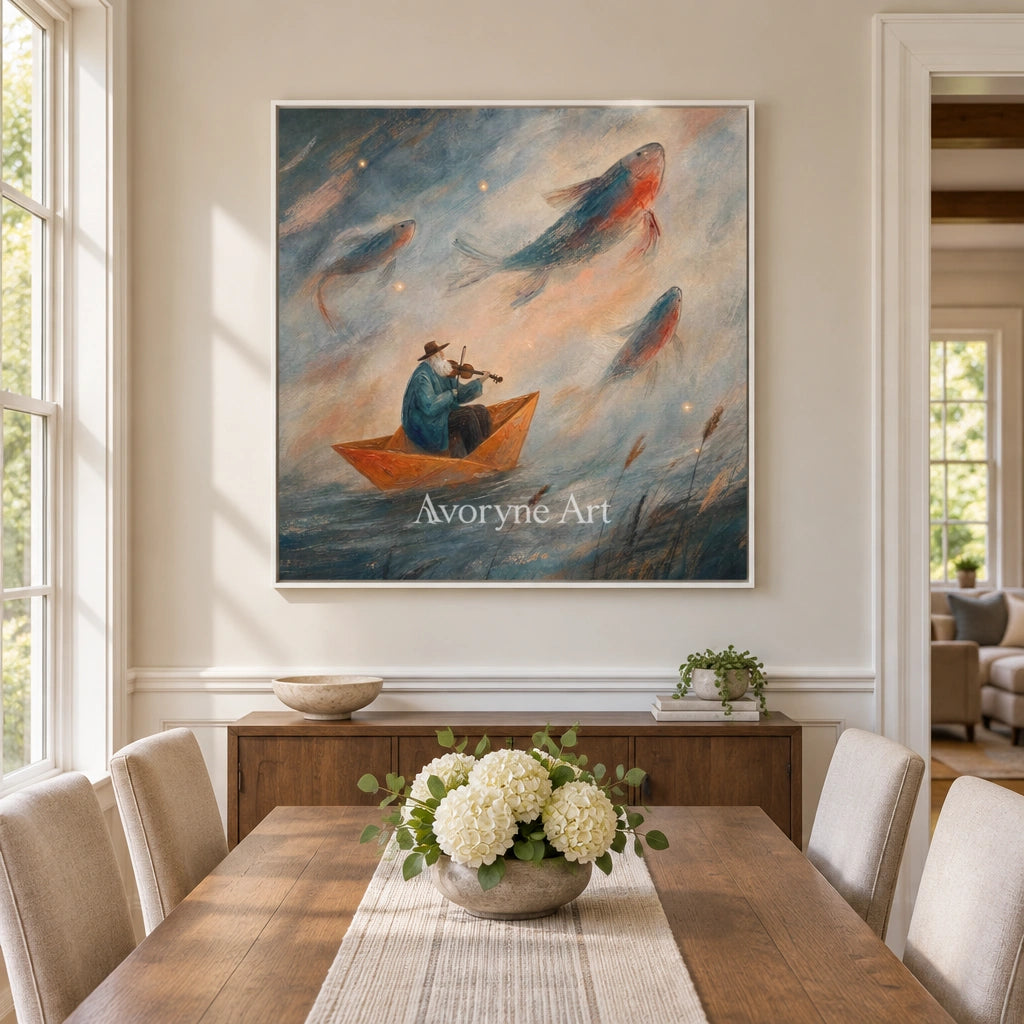 Blue Verse dreamlike scene wall art with a white frame in a dining room