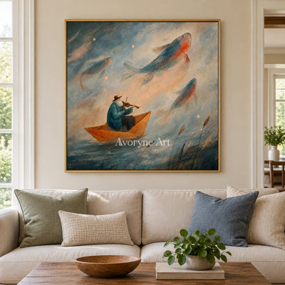 Blue Verse dreamlike scene wall art with a gold frame hanging in a living room