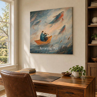 Blue Verse dreamlike scene wall art as a frameless stretched canvas in a home office
