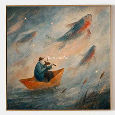 Blue Verse, hand-painted dreamlike scene wall art by Declan O’Brien