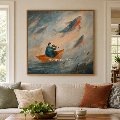 Blue Verse dreamlike scene wall art with a wood frame in a villa living space