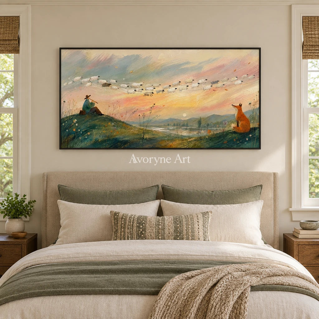 Blue Memory dreamlike scene wall art with a black frame above a bed in a bedroom