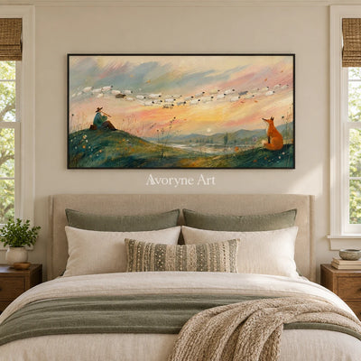 Blue Memory dreamlike scene wall art with a black frame above a bed in a bedroom
