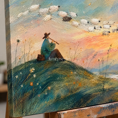 Close-up of the hand-painted texture of Blue Memory dreamlike scene wall art on an easel