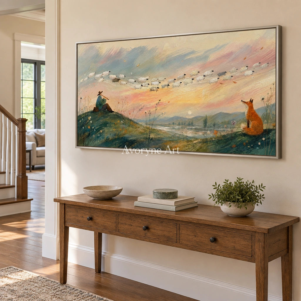 Blue Memory dreamlike scene wall art with a silver frame in an entryway