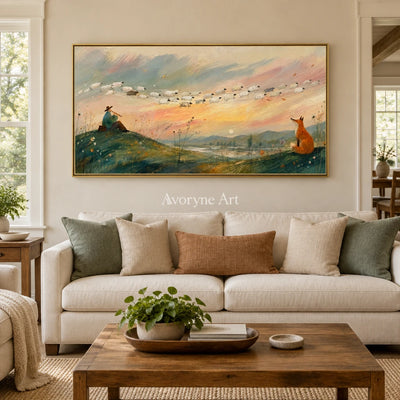 Blue Memory dreamlike scene wall art with a gold frame hanging in a living room