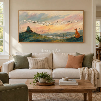 Blue Memory dreamlike scene wall art with a wood frame in a villa living space