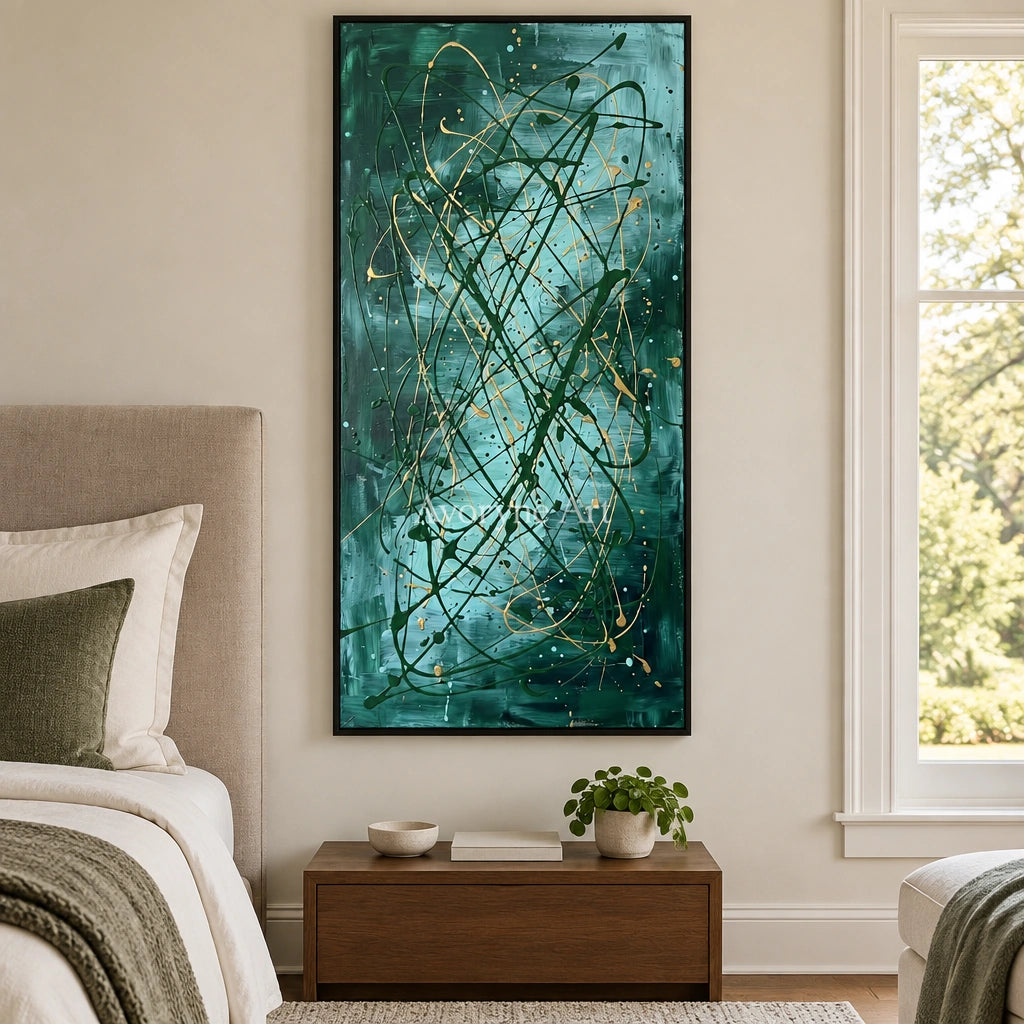 Golden Mosaic drip abstract wall art with a black frame above a bed in a bedroom