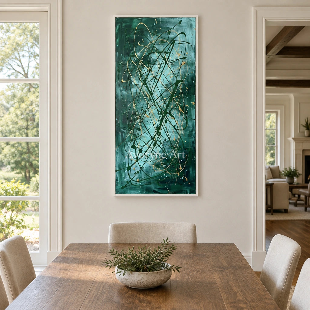 Golden Mosaic drip abstract wall art with a white frame in a dining room