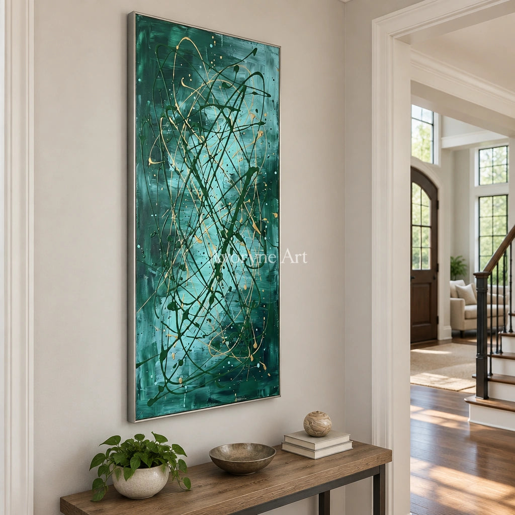 Golden Mosaic drip abstract wall art with a silver frame in an entryway