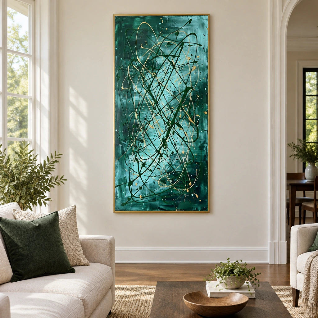 Golden Mosaic drip abstract wall art with a gold frame hanging in a living room