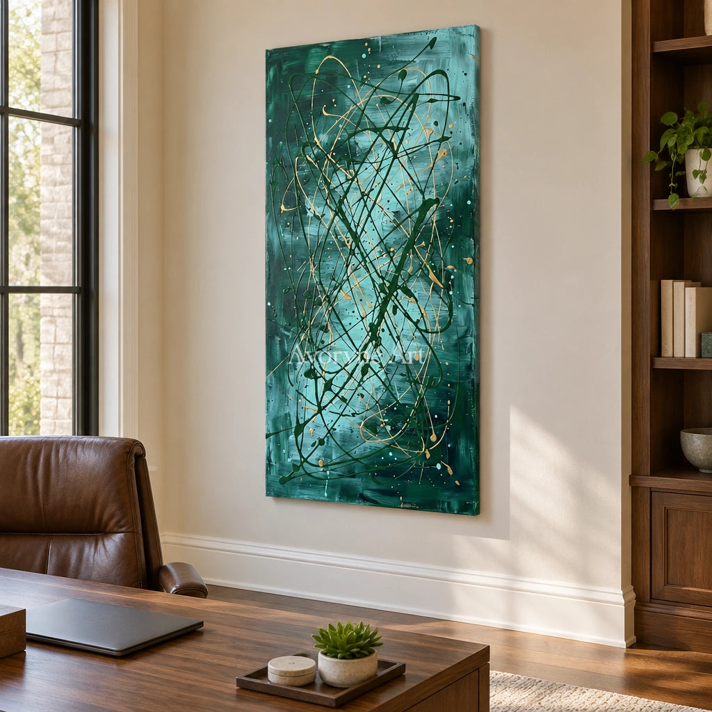 Golden Mosaic drip abstract wall art as a frameless stretched canvas in a home office
