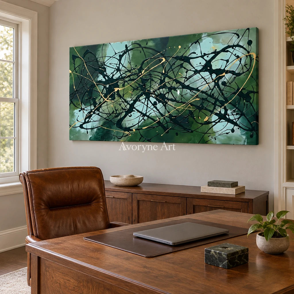 Golden Solace drip abstract wall art as a frameless stretched canvas in a home office
