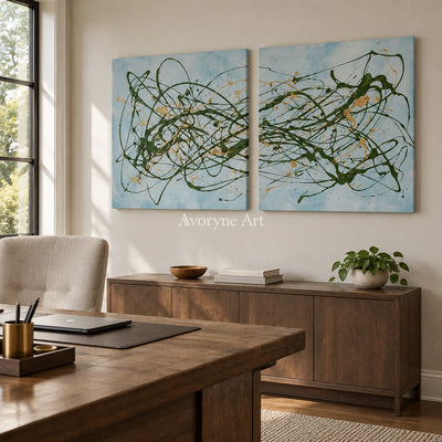 Golden Rhythm drip abstract diptych as a frameless stretched canvas in a home office