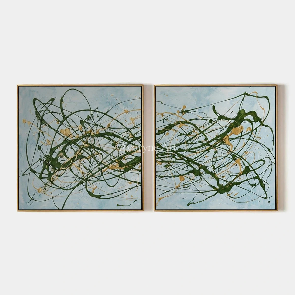 Golden Rhythm, hand-painted drip abstract diptych by Jack Sullivan