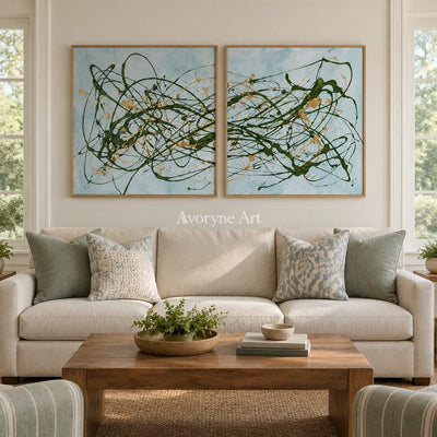 Golden Rhythm drip abstract diptych with a wood frame in a villa living space
