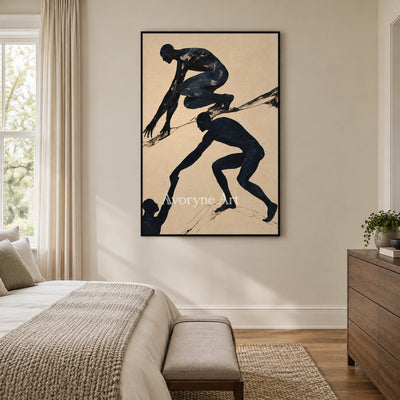 Lucent Horizon dynamic figure wall art with a black frame above a bed in a bedroom