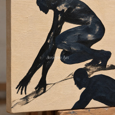 Close-up of the hand-painted texture of Lucent Horizon dynamic figure wall art on an easel