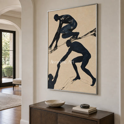 Lucent Horizon dynamic figure wall art with a silver frame in an entryway