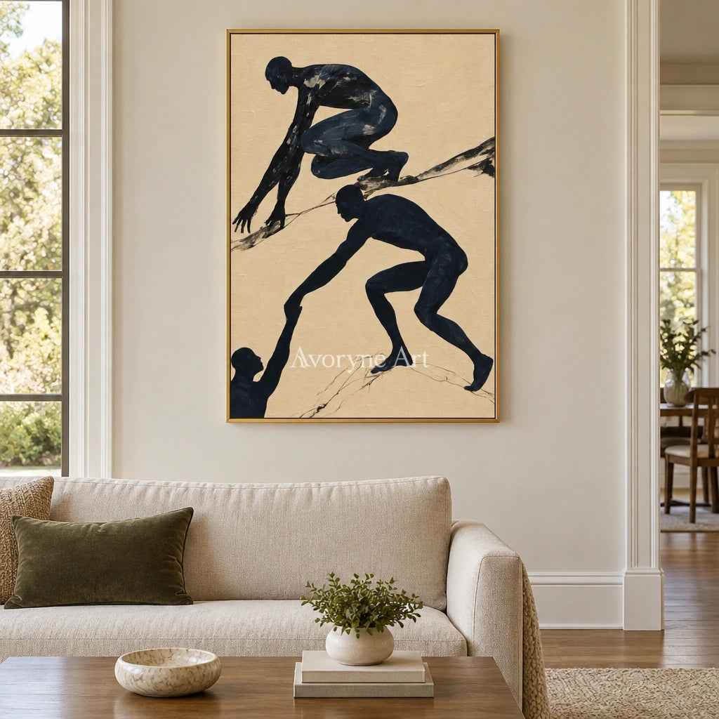 Lucent Horizon dynamic figure wall art with a gold frame hanging in a living room