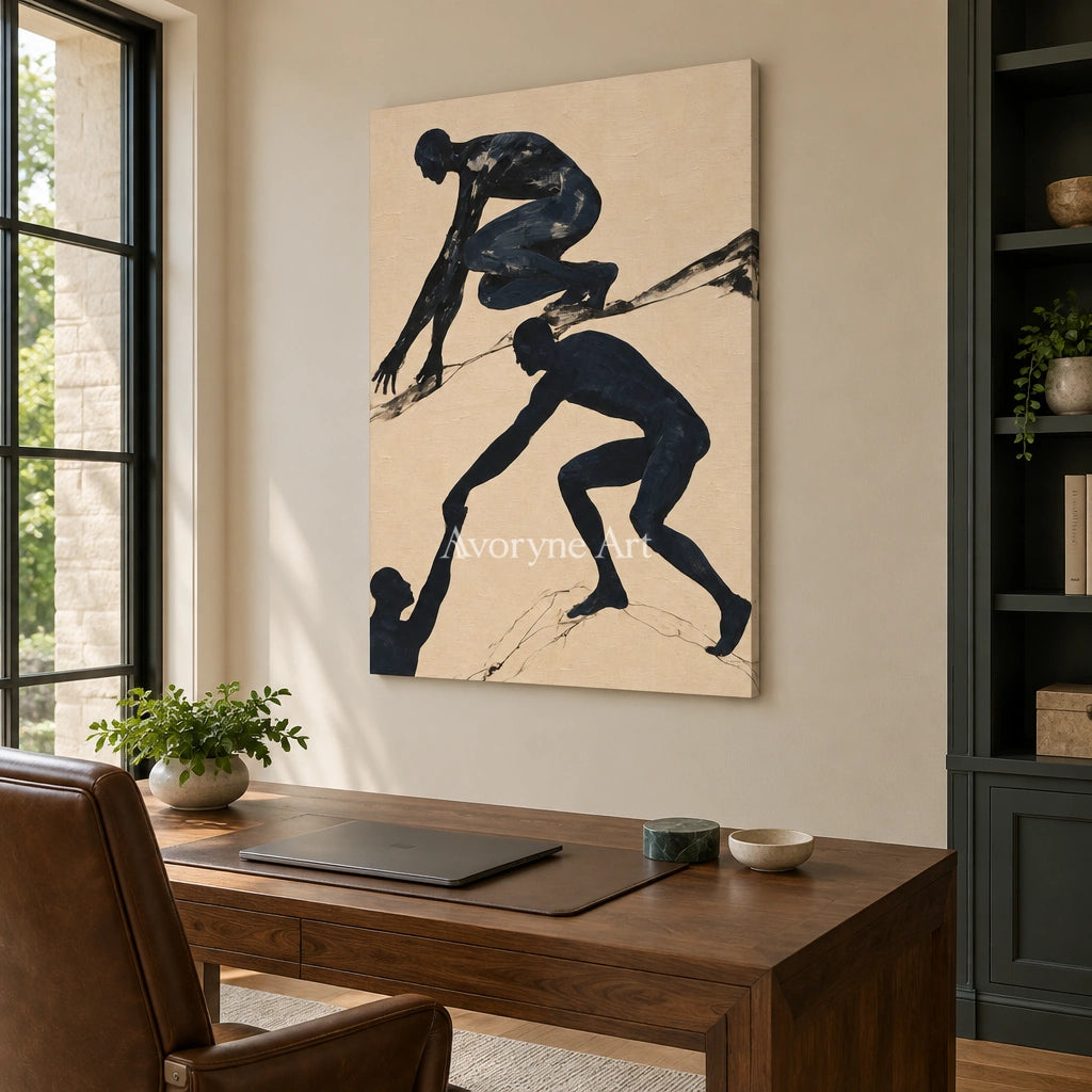 Lucent Horizon dynamic figure wall art as a frameless stretched canvas in a home office