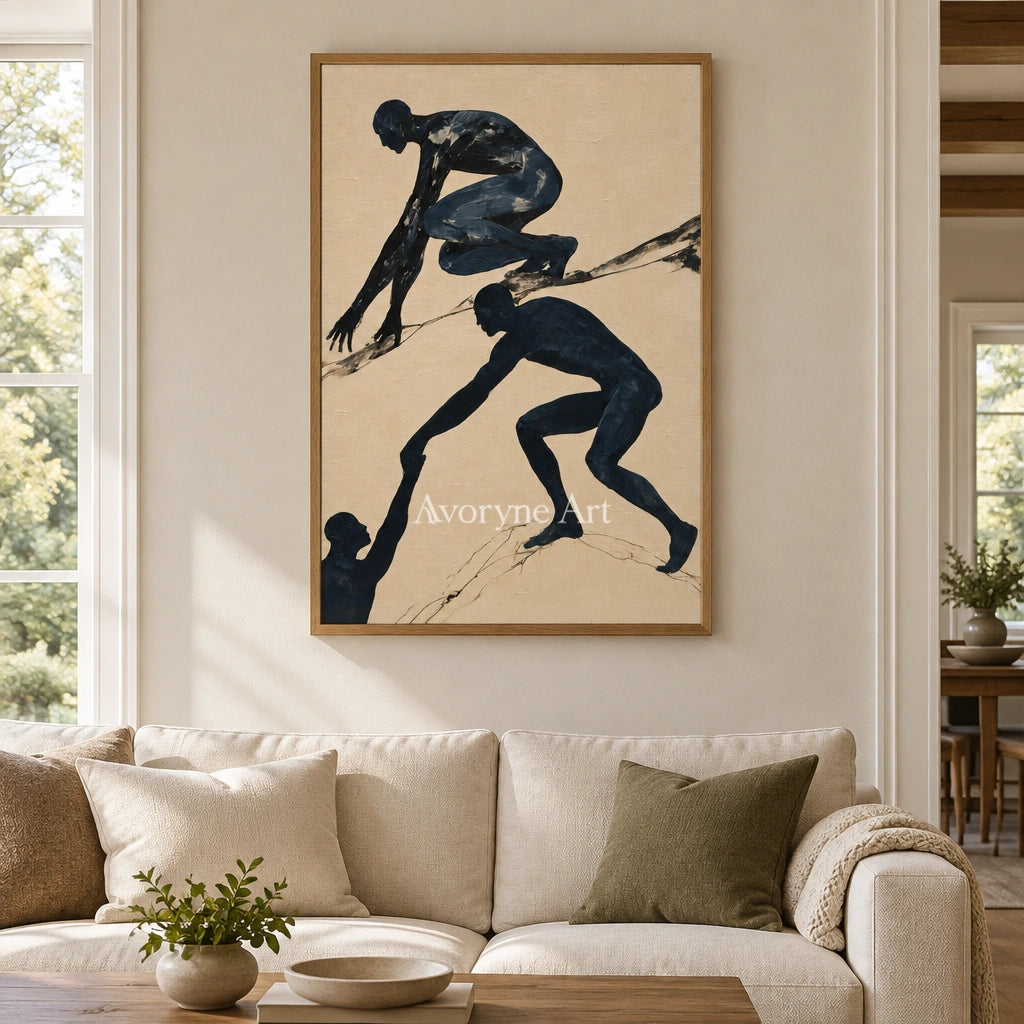 Lucent Horizon dynamic figure wall art with a wood frame in a villa living space