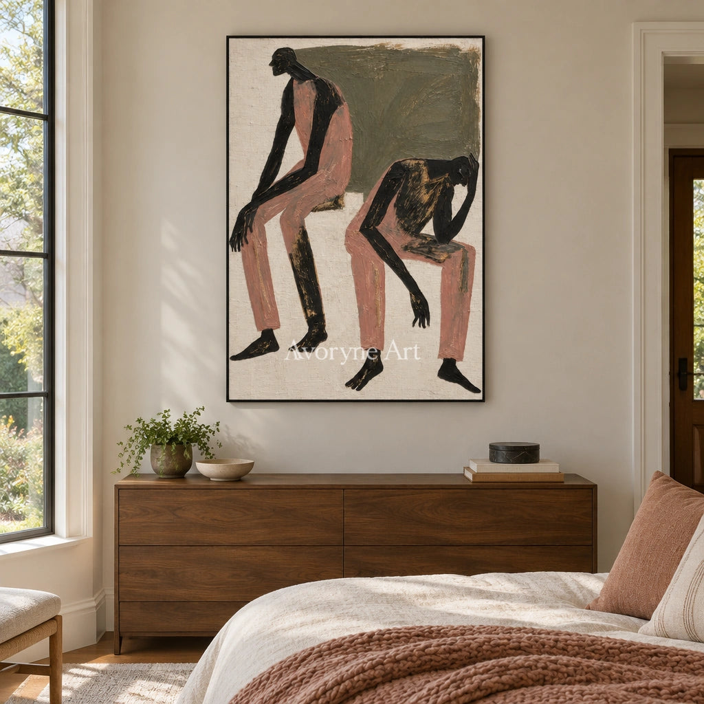 Lucent Gesture dynamic figure wall art with a black frame above a bed in a bedroom