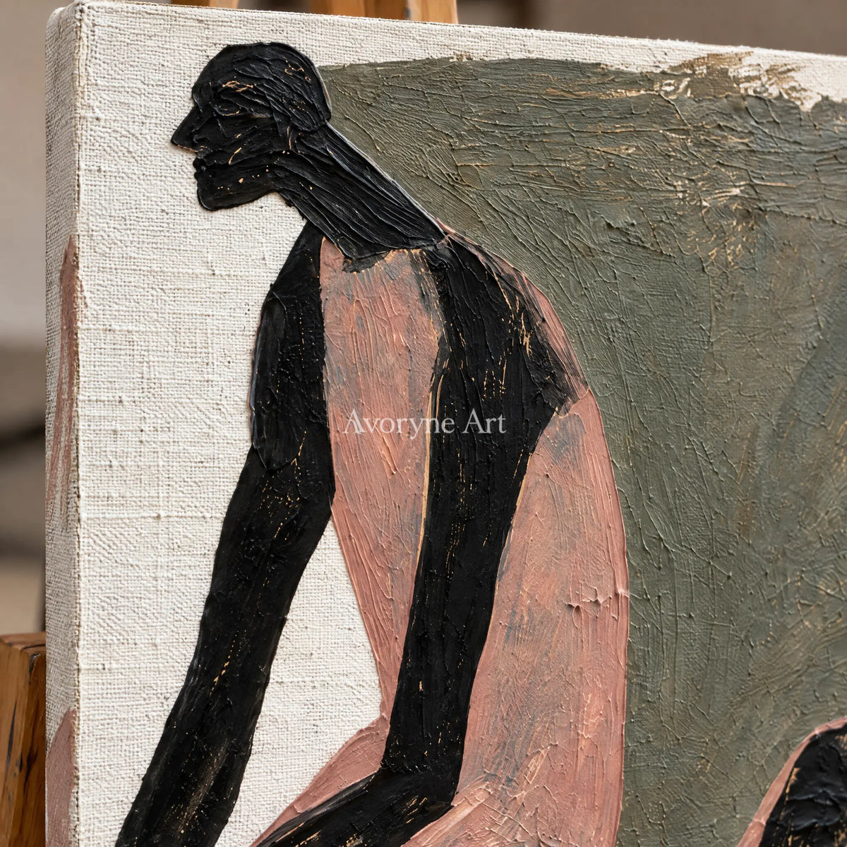 Close-up of the hand-painted texture of Lucent Gesture dynamic figure wall art on an easel