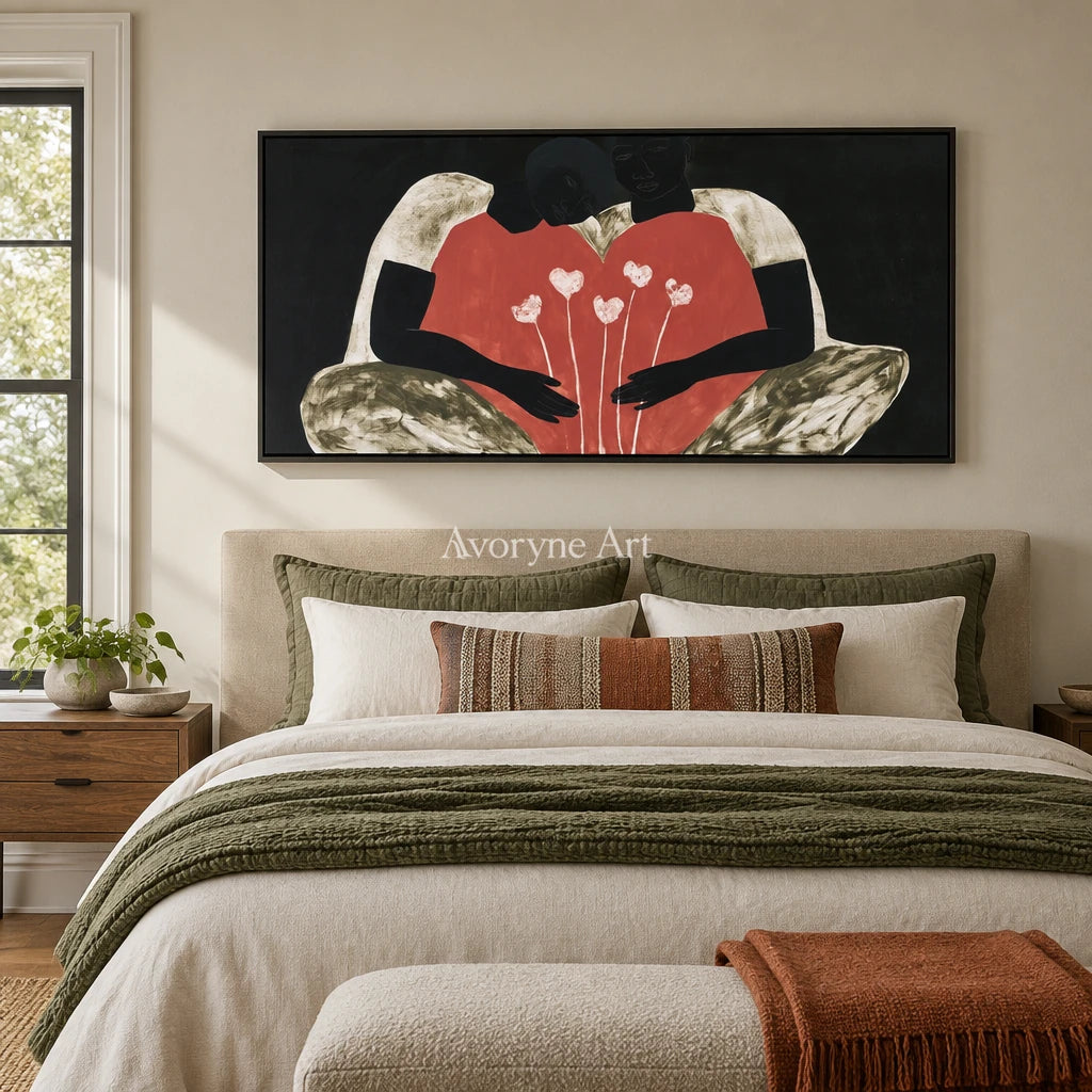 Lucent Drift dynamic figure wall art with a black frame above a bed in a bedroom