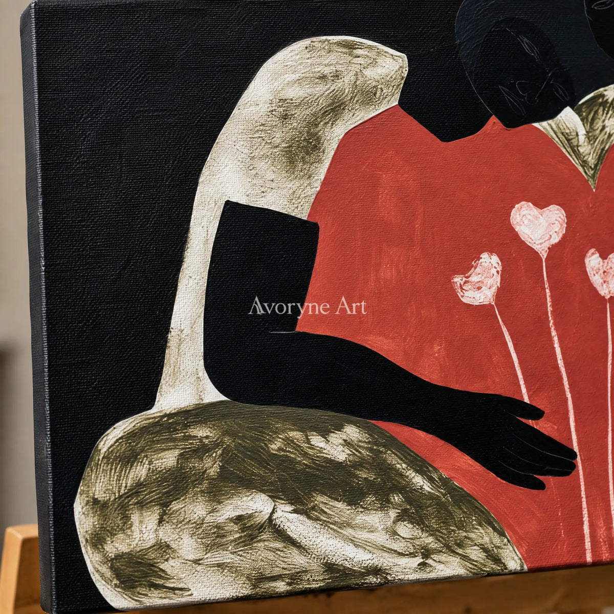 Close-up of the hand-painted texture of Lucent Drift dynamic figure wall art on an easel