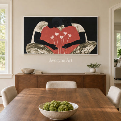 Lucent Drift dynamic figure wall art with a white frame in a dining room