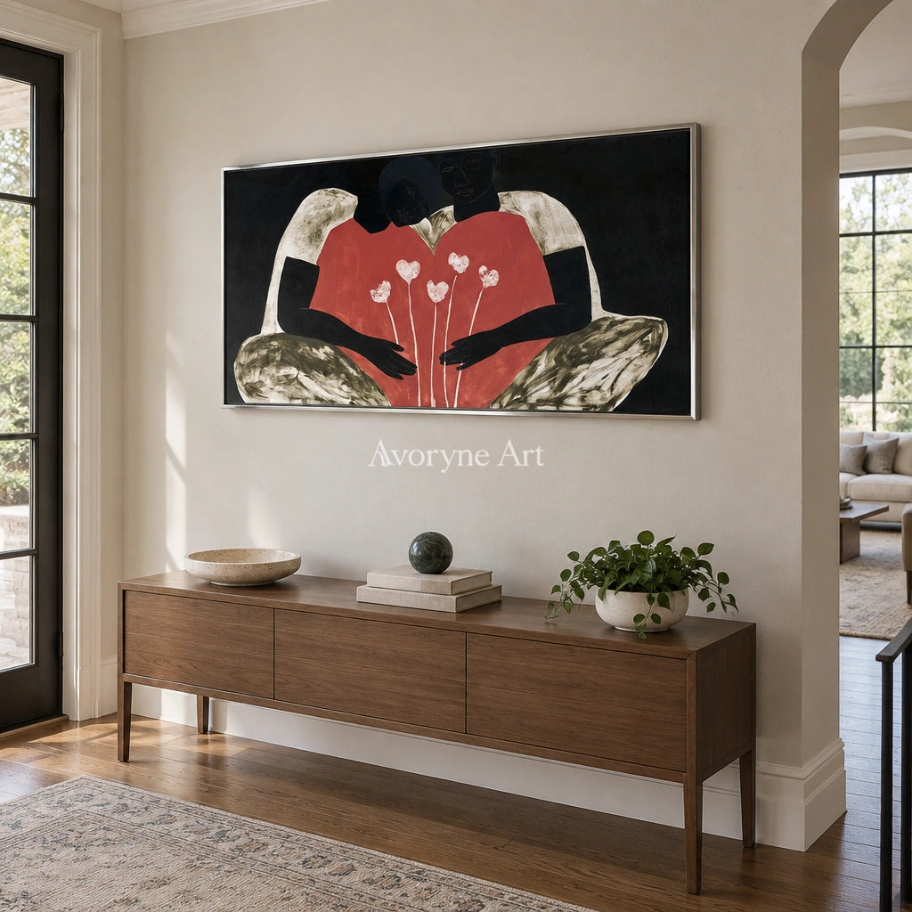 Lucent Drift dynamic figure wall art with a silver frame in an entryway