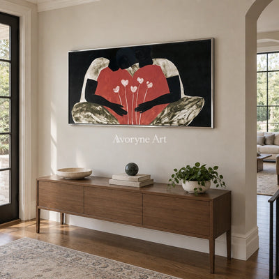 Lucent Drift dynamic figure wall art with a silver frame in an entryway