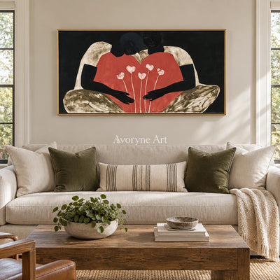 Lucent Drift dynamic figure wall art with a gold frame hanging in a living room
