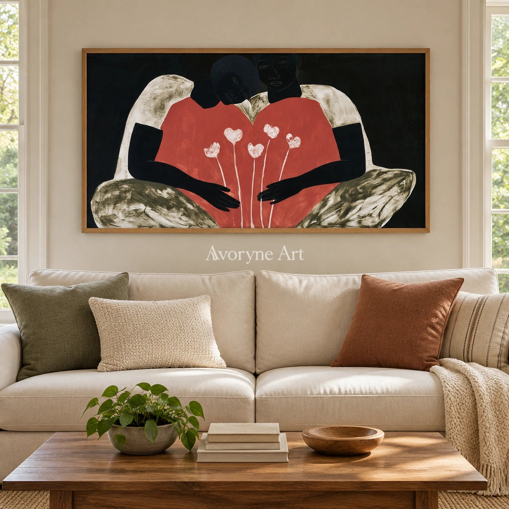 Lucent Drift dynamic figure wall art with a wood frame in a villa living space
