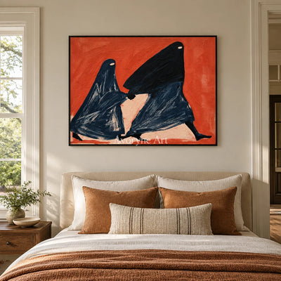 Lucent Verse dynamic figure wall art with a black frame above a bed in a bedroom