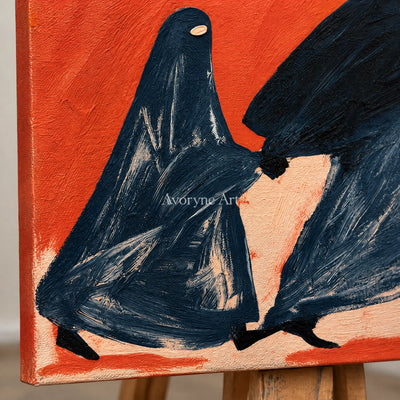 Close-up of the hand-painted texture of Lucent Verse dynamic figure wall art on an easel