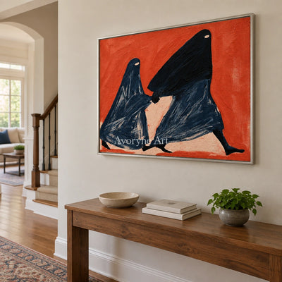 Lucent Verse dynamic figure wall art with a silver frame in an entryway