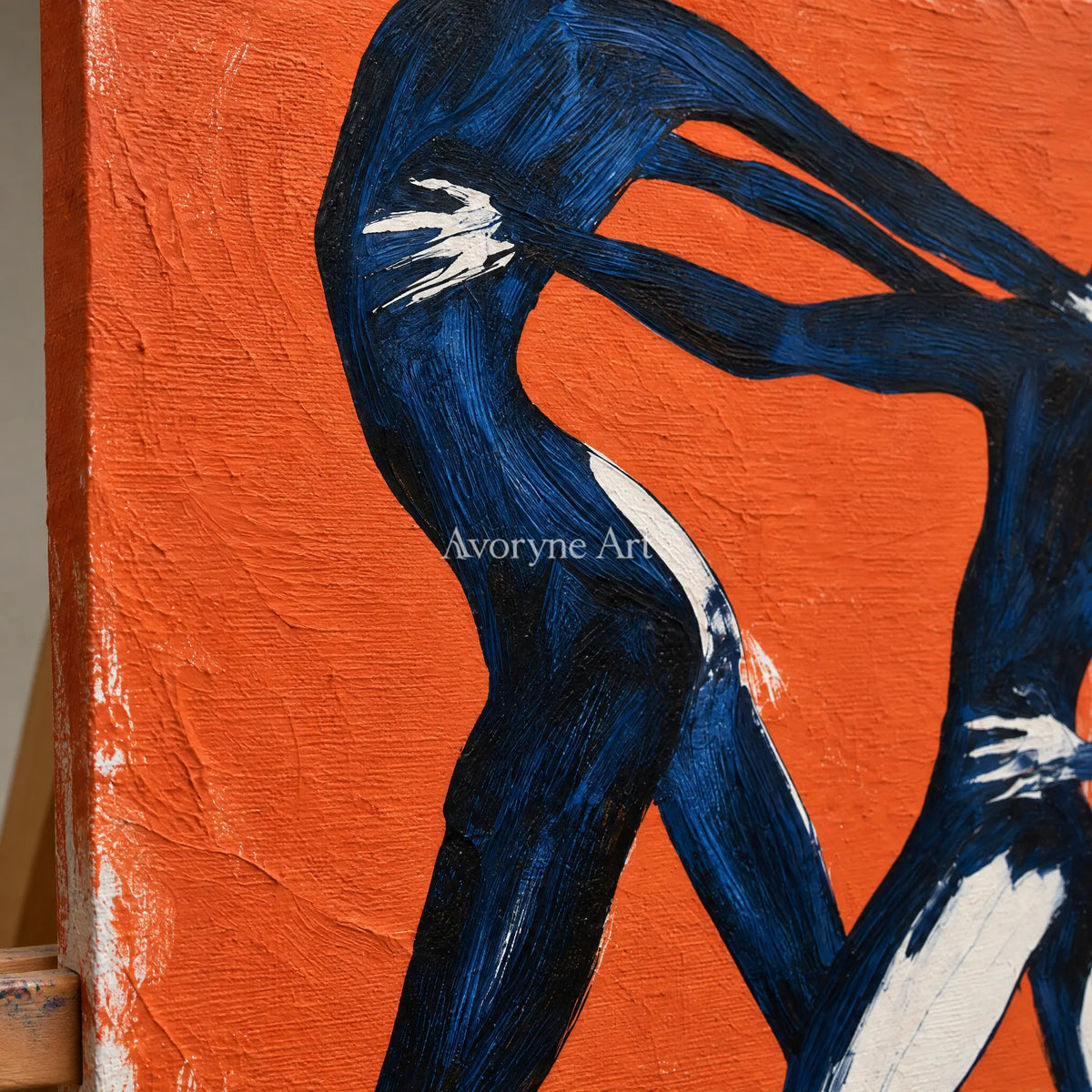 Close-up of the hand-painted texture of Lucent Memory dynamic figure wall art on an easel