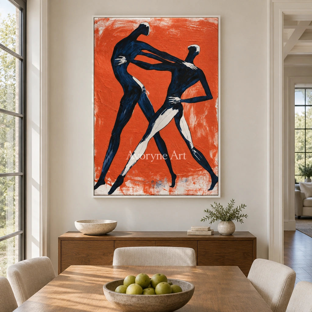 Lucent Memory dynamic figure wall art with a white frame in a dining room