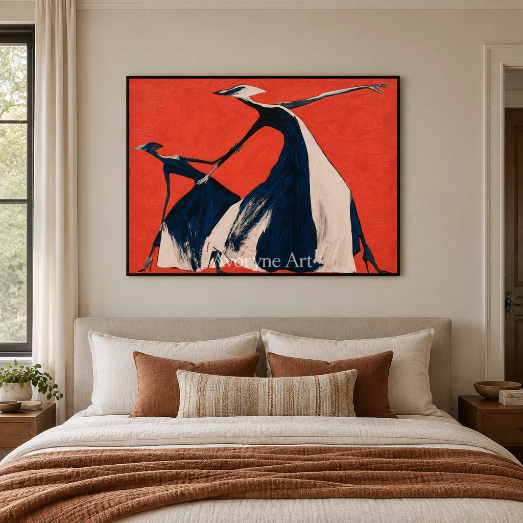 Lucent Prelude dynamic figure wall art with a black frame above a bed in a bedroom