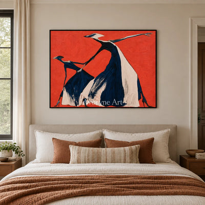 Lucent Prelude dynamic figure wall art with a black frame above a bed in a bedroom