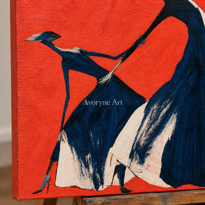 Close-up of the hand-painted texture of Lucent Prelude dynamic figure wall art on an easel