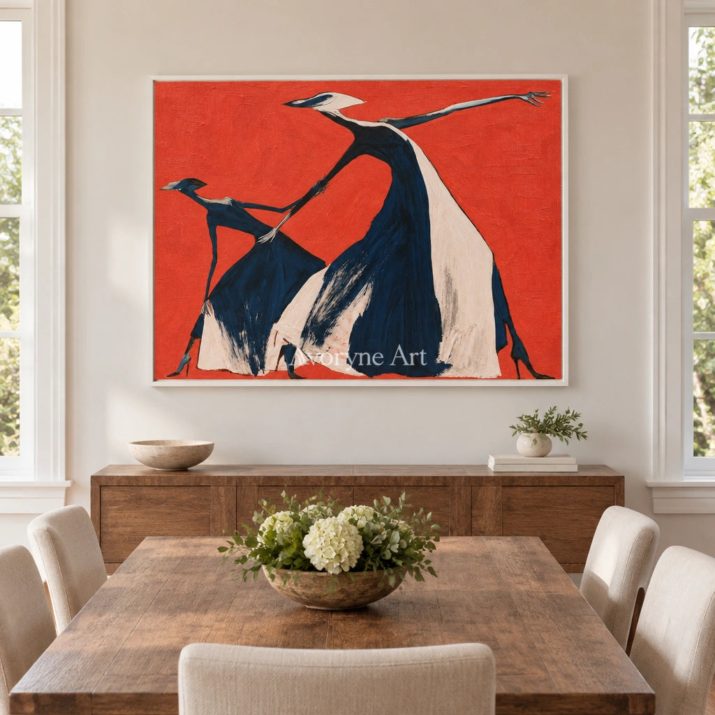 Lucent Prelude dynamic figure wall art with a white frame in a dining room