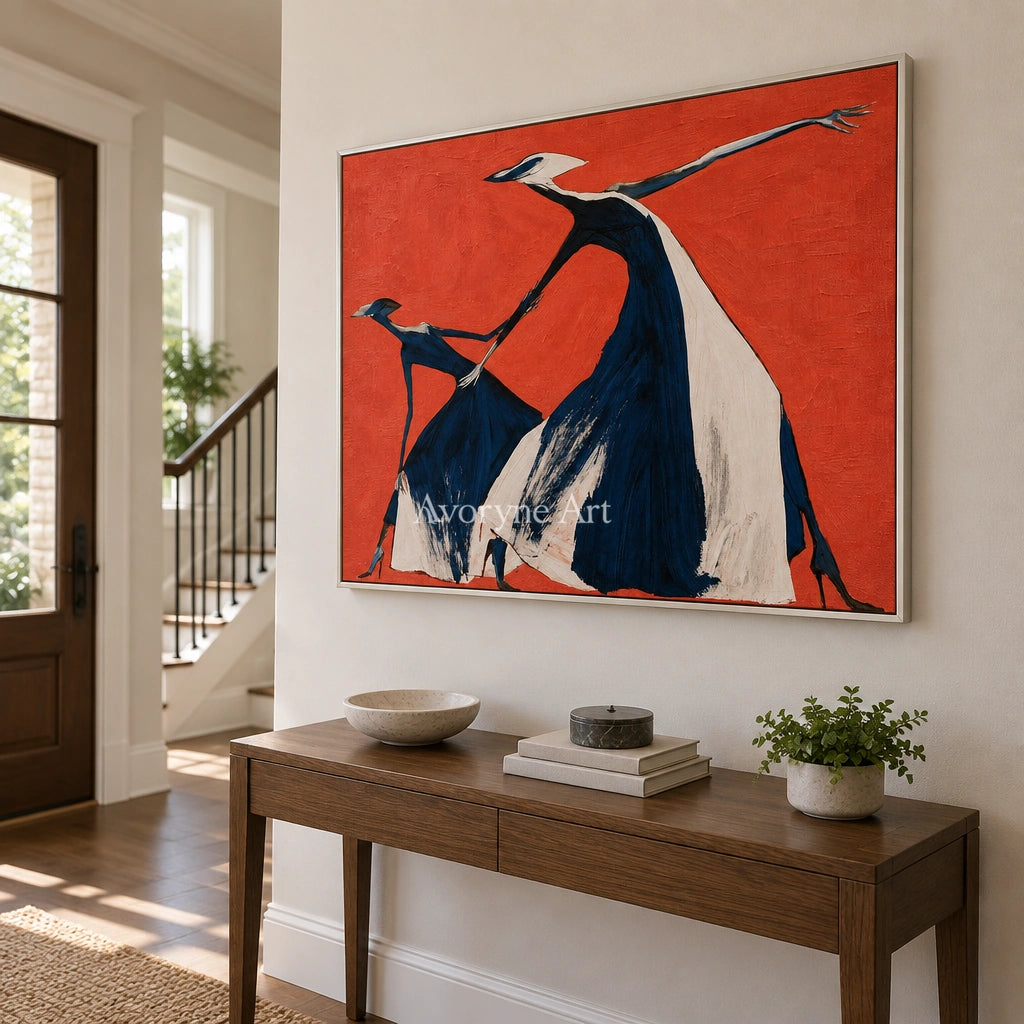 Lucent Prelude dynamic figure wall art with a silver frame in an entryway