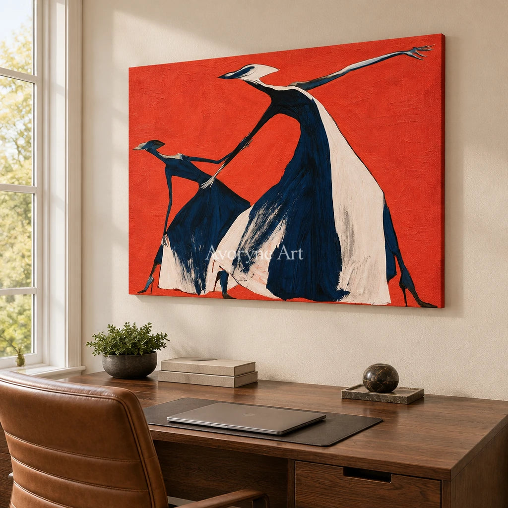 Lucent Prelude dynamic figure wall art as a frameless stretched canvas in a home office