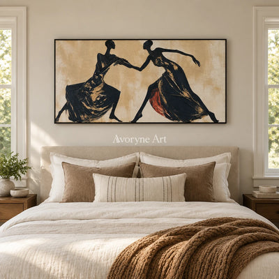 Lucent Trace dynamic figure wall art with a black frame above a bed in a bedroom