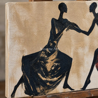 Close-up of the hand-painted texture of Lucent Trace dynamic figure wall art on an easel